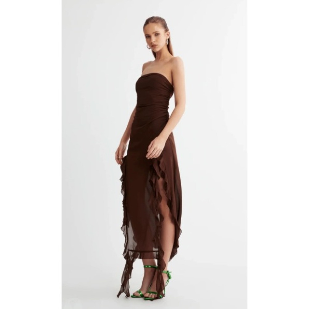Lioness Rendezvous Dress Brown Ruched Strapless Ruffle Midi Party Night Out M